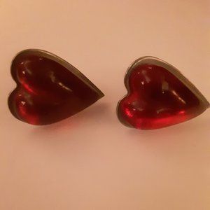 Vintage Gripoix Glass Screw Back Silver Tone Red Heart Earrings